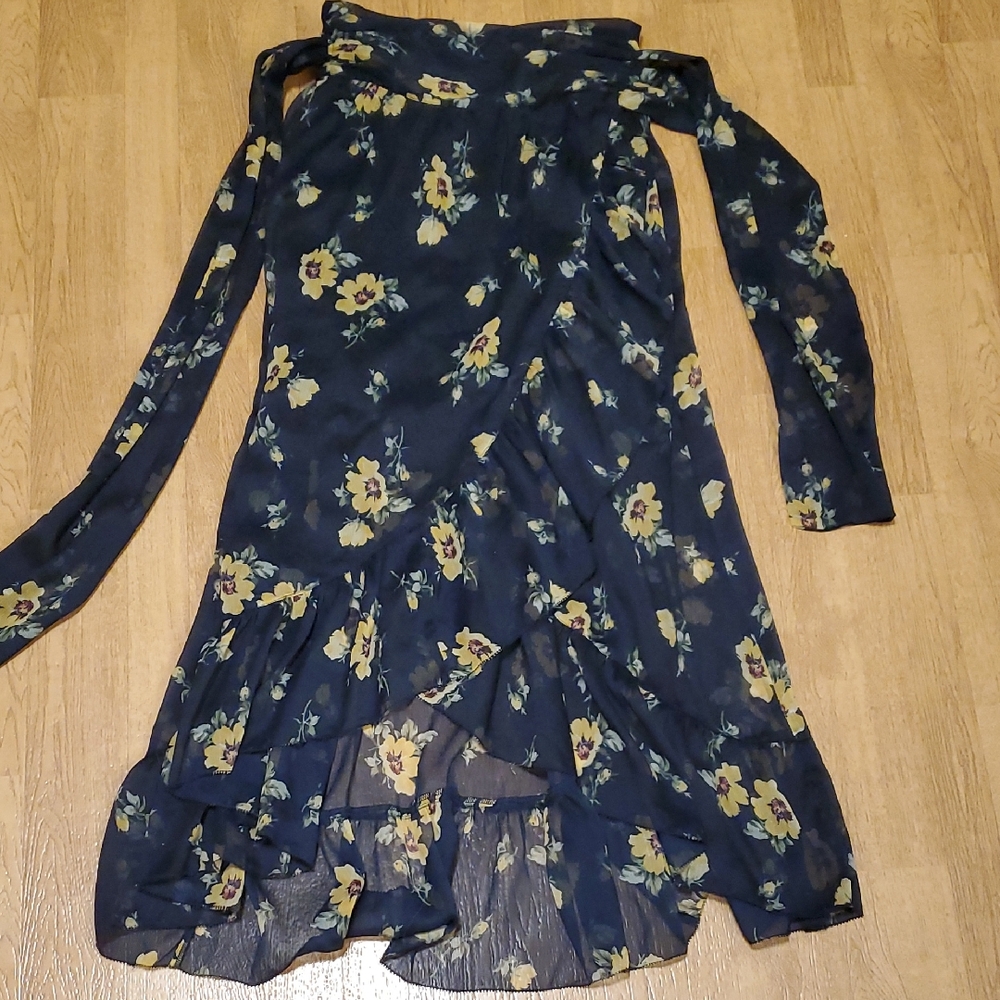 Abercrombie & Fitch Long Flowing Wrap Skirt Dress Black W/ Rustic Yellow Flowers
